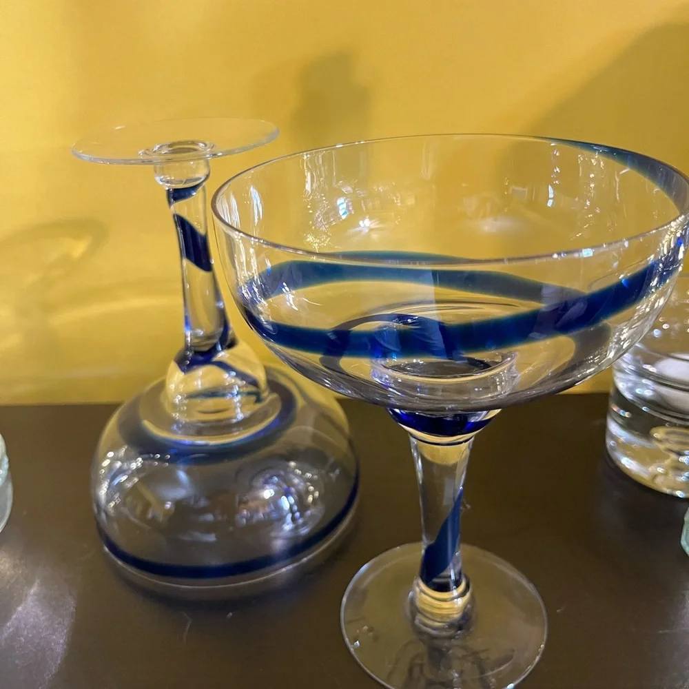 Set of 2 Pier 1 cobalt blue swirl mouthblown margarita glasses
